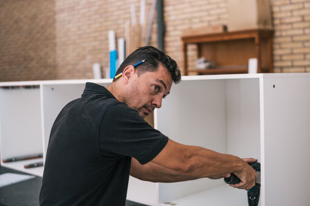 Man drilling a cabinet while looking away distracted in a workshop