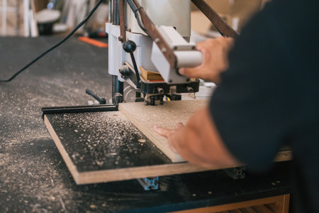 Industrial machine drilling a wooden panel held by a man in a workshopの写真素材