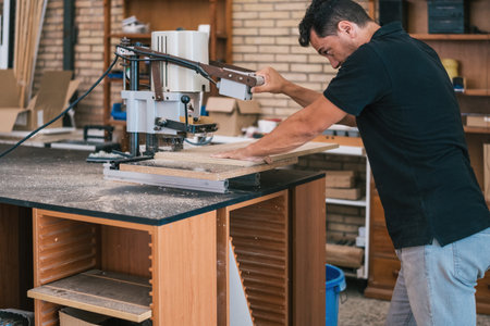 Man using an electric machine to cut a wooden panel in a workshop.の写真素材