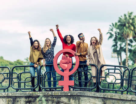 5 people of different races shout out for feminismの写真素材
