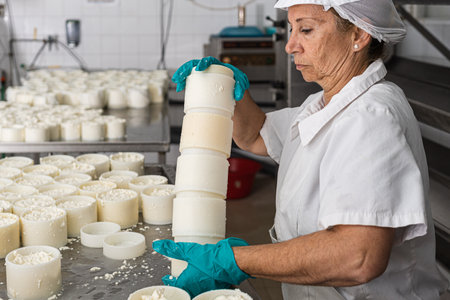 older worker stacking the moulds filled with curdsの写真素材