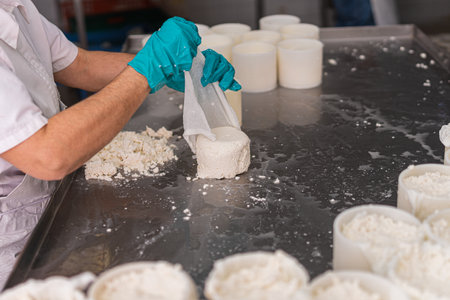 woman worker handling a piece of fresh cheeseの写真素材