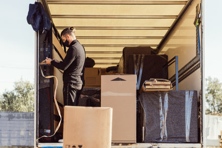 mover strapping a bed to the moving truckの写真素材
