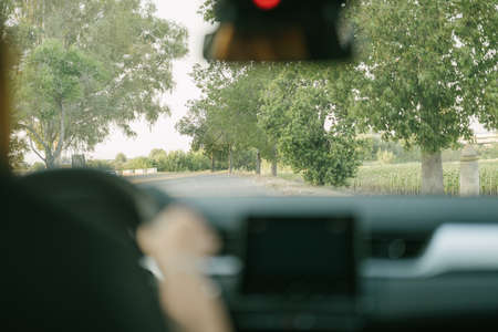 view of the interior of the car parked on the ditchの写真素材