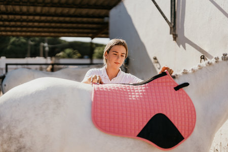 teenager placing a pink blanket on a white horseの写真素材