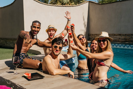 group of friends at a swimming pool smiling and waving to the cameraの写真素材
