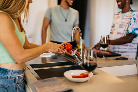 a blonde woman peels a tomato in the company of smiling friendsの写真素材