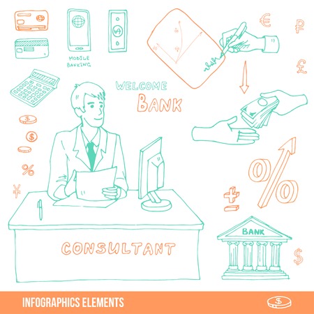Elements of infographics about visiting the bank, loan or signing a contractのイラスト素材