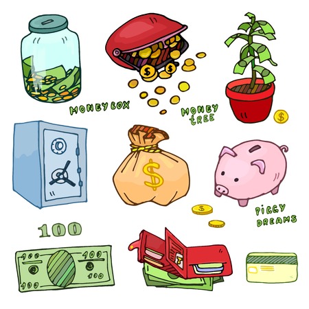 Set of cartoon illustrations of items for storage of money, color optionのイラスト素材