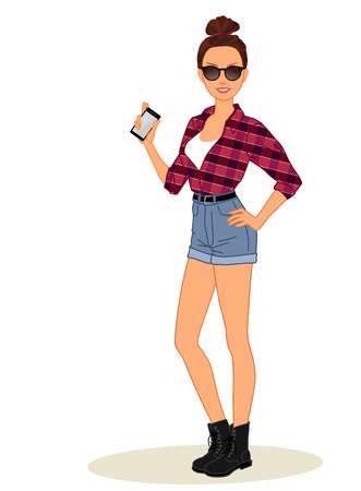 Vector illustration of a character. A young girl in fashionable clothes hipster shows mobile phoneのイラスト素材