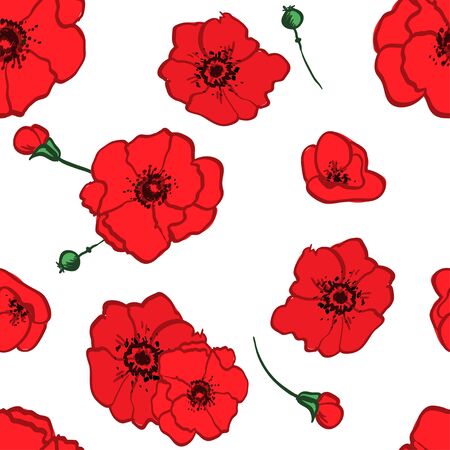 seamless pattern red poppies branch decorative vector illustrationのイラスト素材