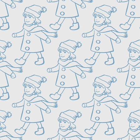 Cute little girl wearing a scarf, hat and coat walks with a smile, hand-drawn seamless pattern vector illustrationのイラスト素材
