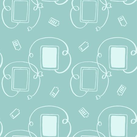 seamless pattern tablet with plug connection ready to get power, charging,  vector illustration hand drawnのイラスト素材