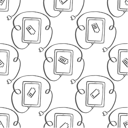 seamless pattern tablet with plug connection ready to get power, charging,  vector illustration hand drawnのイラスト素材