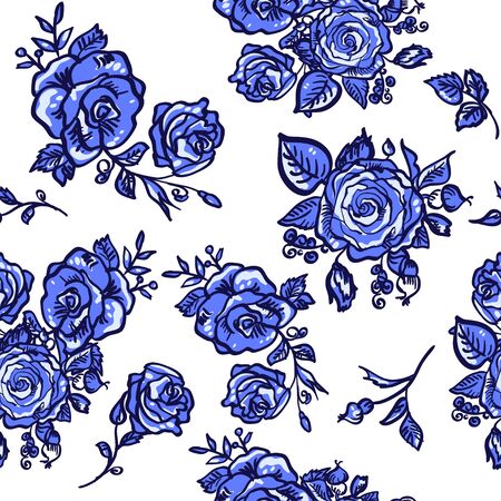 seamless pattern blue rose branch decorative vector illustrationのイラスト素材