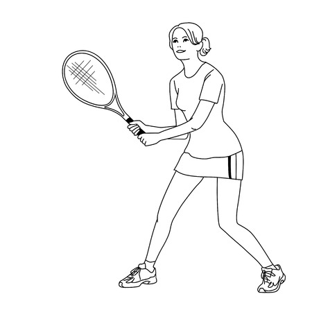 Black isolated vector illustration, girl playing tennis with cute smileのイラスト素材