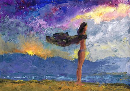 Beach girl hand drawn picture, acrylic illustration.の写真素材