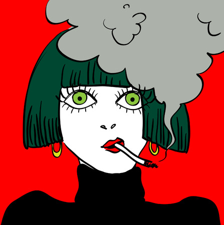 Smoking girl caricature cartoon face illustration, bad habitの写真素材