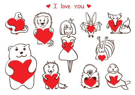 Cute animals this hearts collection. Vector illustration  isolated on white backgroundの写真素材