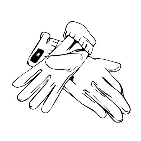 elegant pair of gloves lie on the surface, hand-drawn vector illustration outlineのイラスト素材