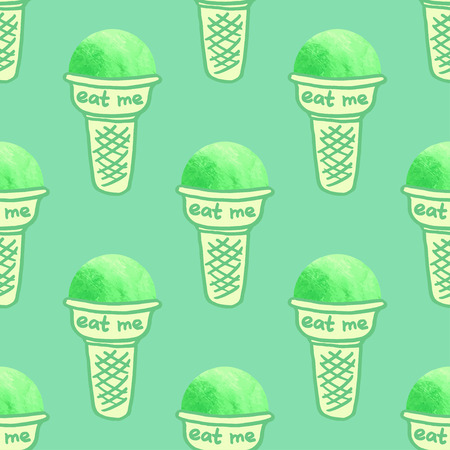 scoops of ice cream in a waffle cup, watercolor elements hand-drawn, seamless pattern vector illustration, pistachio collectionのイラスト素材