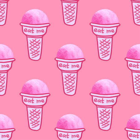scoops of ice cream in a waffle cup, watercolor elements hand-drawn, seamless pattern vector illustration, strawberry collectionのイラスト素材