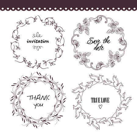 The set of hand drawn vector circular decorative elements for your design. Leaves, swirls, Floral elements. Elegant collection for wedding invitations, love and valentines day greeting cards.のイラスト素材