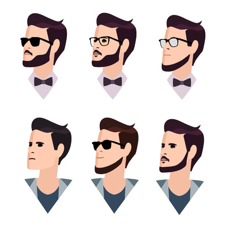 flat cartoon hipster character set, vector illustration young man in a cap and glasses with a beardのイラスト素材