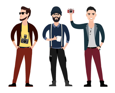 Fashionable young men hipster character  flat set in different poses with a camera, vector illustrationのイラスト素材