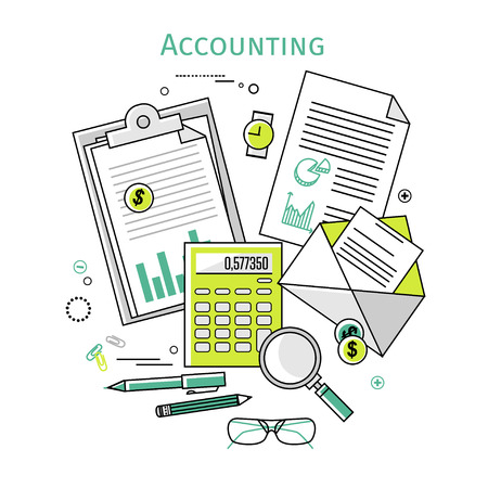 Flat linear vector icons  illustration design concepts for business and finance. Top view. Concepts for taxes, finance, bookkeeping, accounting, business, market etc.のイラスト素材