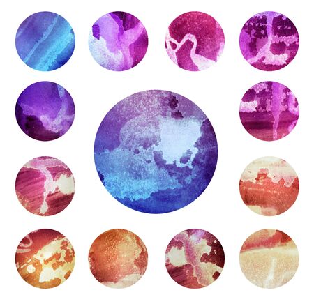 Watercolour circle textures. Mega-useful pack for you to drag and drop onto your designs. Perfect for branding, greetings, websites, digital media, invites, weddings, merchandise designs and so much more. Bright color  illustration.の写真素材