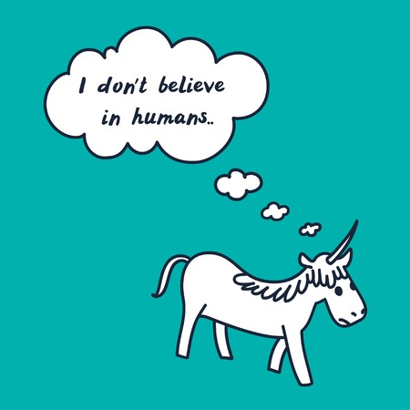 Vector demotivation card with cartoon unicorn and speech bubble, cute unicorn and text - I dont believe in humans on the beautiful blue backgroundのイラスト素材