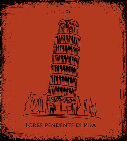 Italian landmark Piza Tower , Italy. Black silhouette Pisa illustration in the style of ancient vase painting background. Italian famous building  illustration, travel conceptのイラスト素材
