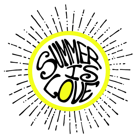 'Summer is love' vintage grunge hand lettering with circle and rays for t-shirt apparel, print, poster, card design etcのイラスト素材