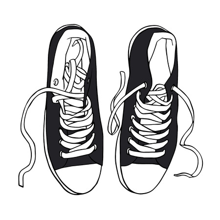 Vector illustration black sports sneakers with white laces gumshoes isolated on white background, hand drawn, top viewのイラスト素材