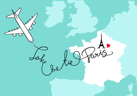 France map postcard design vector, Western Europe and the City of Paris map poster or card with plane outline on a blue background. Take me to Paris phrase and Eiffel Tower iconのイラスト素材