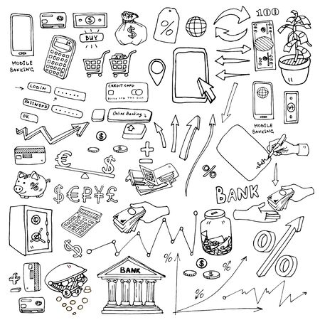 Big hand drawn elements collection for infographic on the subject of money, budget savings, etc. Infographics elements set of the mobile bank or online store.のイラスト素材