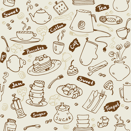 Tea party kitchen tools seamless pattern vector sketch vintage colorのイラスト素材