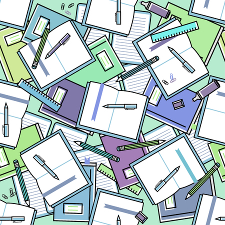Bright color pattern of the books, notebooks, pens, vector seamless pattern learning about education office work. Back to school patternのイラスト素材