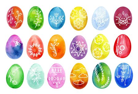 Easter eggs set watercolor template for design. Watercolour illustration for Easter holidays design on white background.の写真素材