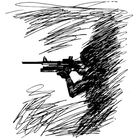 Sketch vector illustration the silhouette of a soldier in profile with a gunのイラスト素材