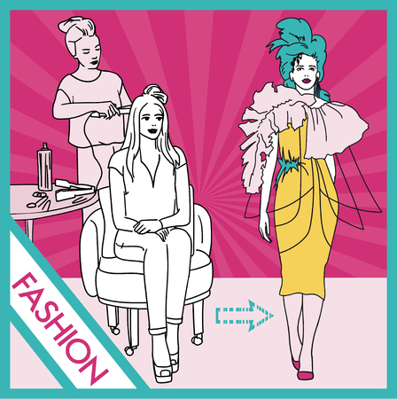 The hairdresser does the hairstyle of the model before going to the podium. A stylist does a hairstyle to a woman. Vector illustrationのイラスト素材