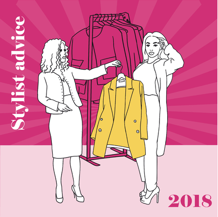 Fashion clothes designer working on dress project trying different coat. Stylist advise. Vector isolated illustration.のイラスト素材