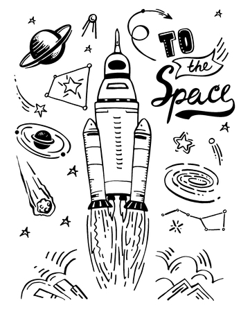 Launch space rocket cosmic sketch hand drawn elements set.のイラスト素材