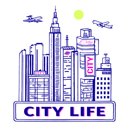 Sketch illustration of a city with skyscrapers, a modern city landscape with an airplane in the skyのイラスト素材