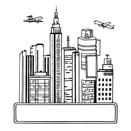 Sketch illustration of a city with skyscrapers, a modern city landscape with an airplane in the skyのイラスト素材