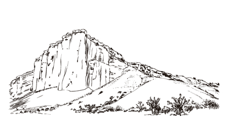 Mountains sketch White Rock Crimea, engraving style, hand drawn vector illustrationのイラスト素材