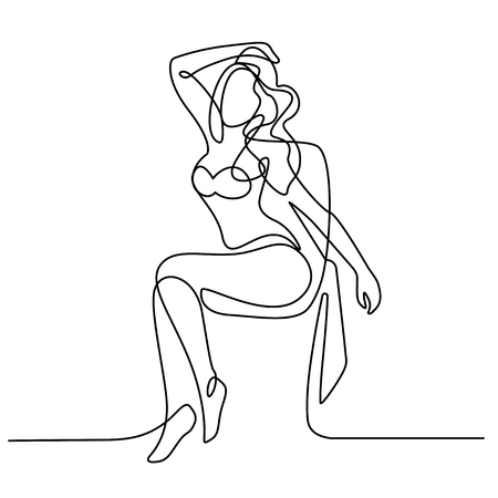 Beautiful woman in bikini sunbathing at the seaside in deck-chair - continuous line drawing vector illustration summerのイラスト素材