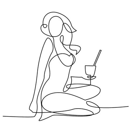 Beautiful woman in bikini sunbathing at the seaside with a glass of cocktail - continuous line drawing vectorのイラスト素材