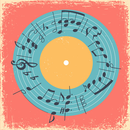 Illustration with printed music circle and vinyl record. Musical concept creative invitationのイラスト素材